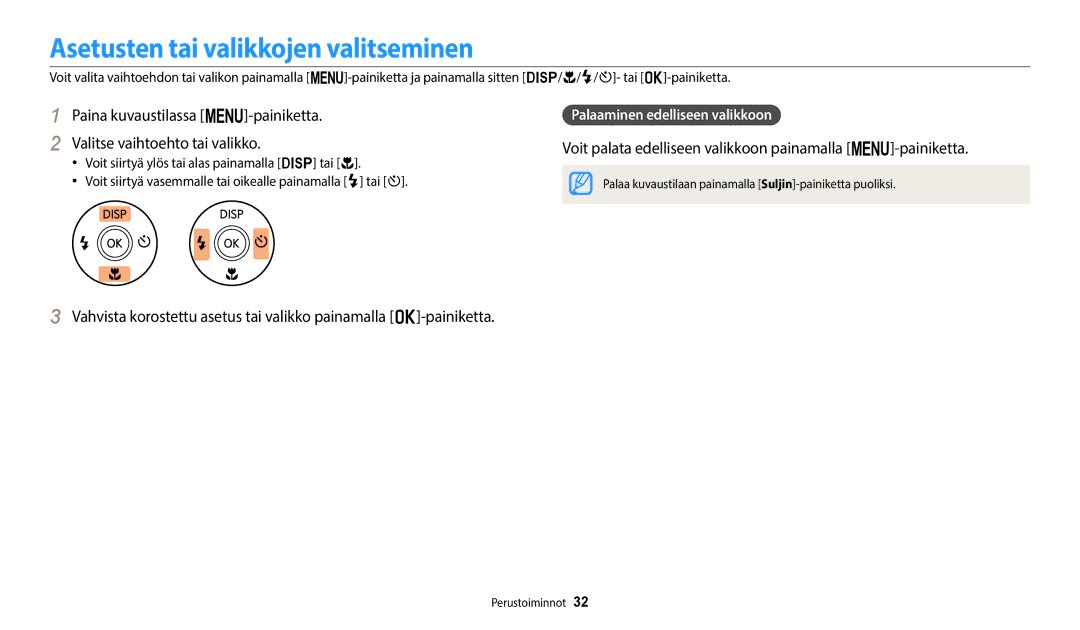 Samsung EC-ST72ZZBPBE2 Asetusten tai valikkojen valitseminen, Voit palata edelliseen valikkoon painamalla m-painiketta 