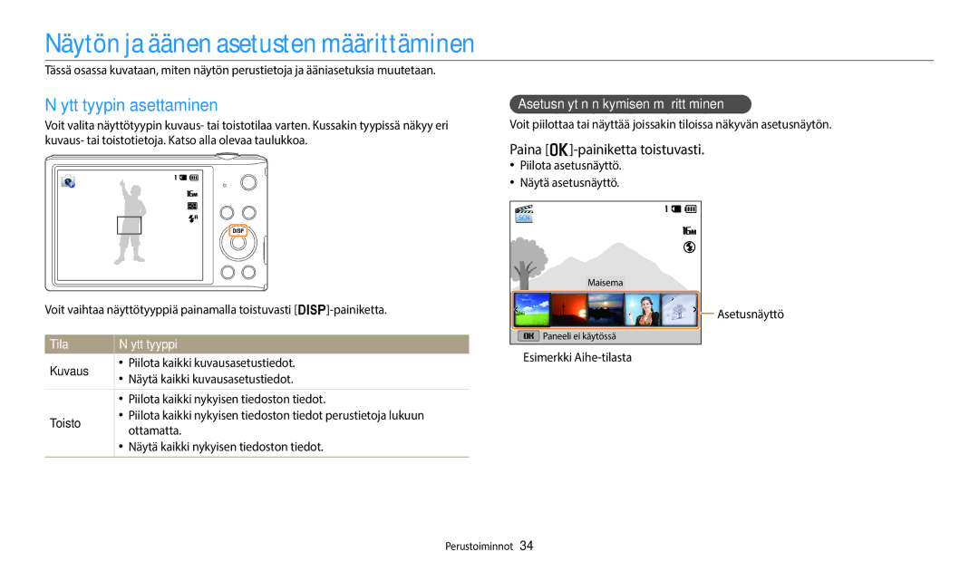 Samsung EC-ST72ZZBPLE2 Näytön ja äänen asetusten määrittäminen, Näyttötyypin asettaminen, Paina o-painiketta toistuvasti 