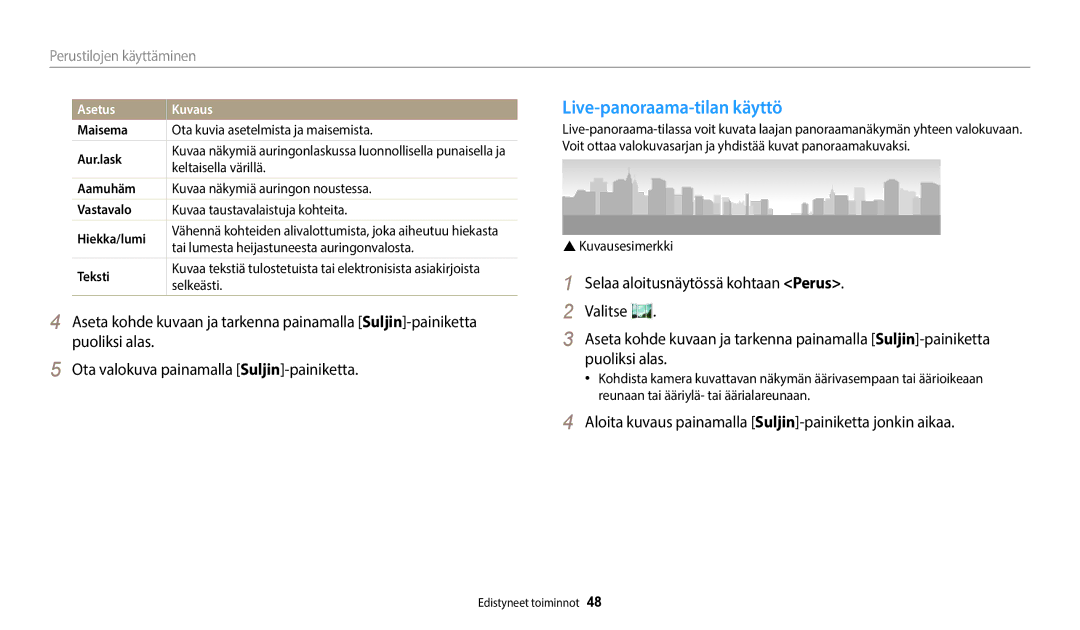 Samsung EC-ST150FBPPE2 Live-panoraama-tilan käyttö, Aloita kuvaus painamalla Suljin-painiketta jonkin aikaa, Asetus Kuvaus 