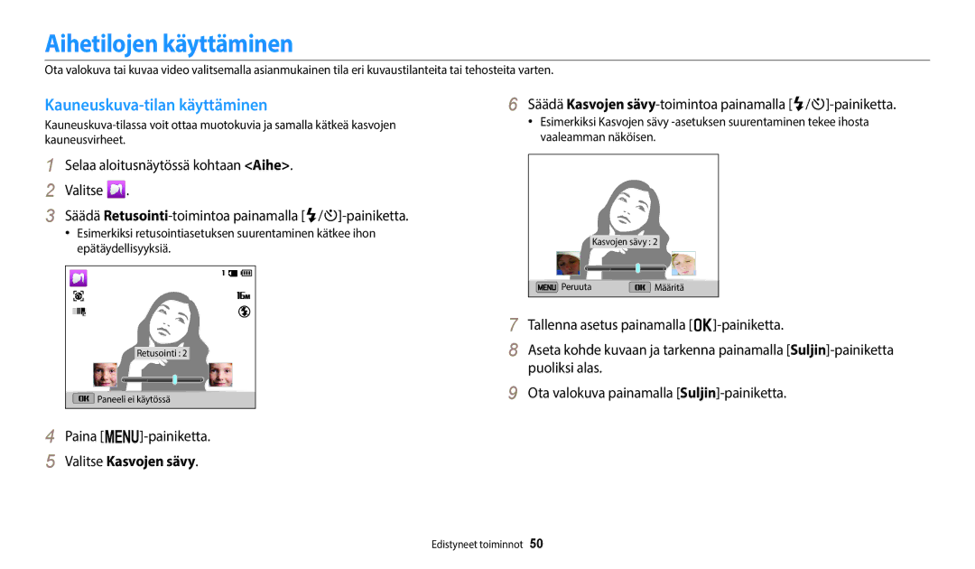 Samsung EC-ST72ZZBPBE2, EC-ST72ZZBPWE2 manual Aihetilojen käyttäminen, Kauneuskuva-tilan käyttäminen, Valitse Kasvojen sävy 