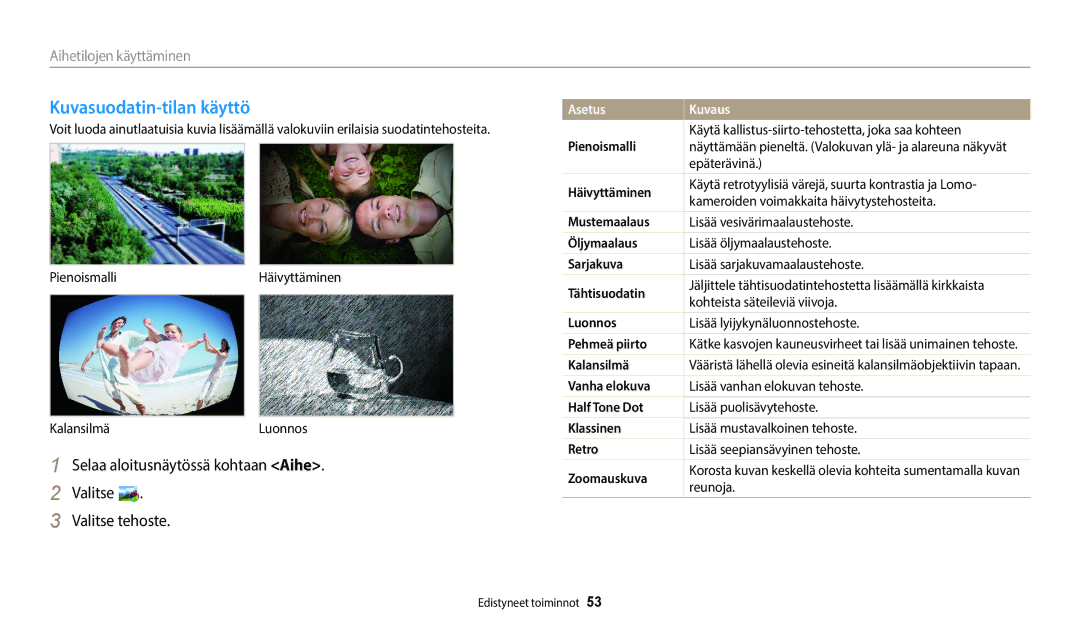 Samsung EC-ST72ZZBPWE2 manual Kuvasuodatin-tilan käyttö, Selaa aloitusnäytössä kohtaan Aihe Valitse Valitse tehoste 