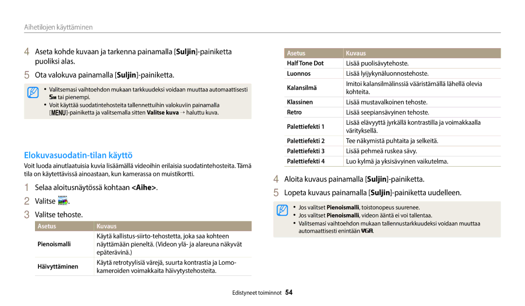 Samsung EC-ST150FBPPE2, EC-ST72ZZBPWE2, EC-ST150FBPWE2, EC-ST72ZZBPBE2 Elokuvasuodatin-tilan käyttö, Kohteita, Värityksellä 