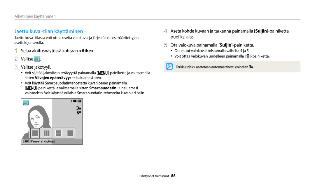 Samsung EC-ST150FBPWE2 manual Jaettu kuva -tilan käyttäminen, Selaa aloitusnäytössä kohtaan Aihe Valitse Valitse jakotyyli 