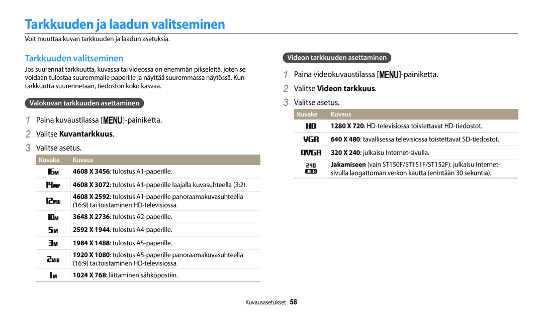 Samsung EC-ST72ZZBPLE2, EC-ST72ZZBPWE2 Tarkkuuden ja laadun valitseminen, Tarkkuuden valitseminen, Valitse Kuvantarkkuus 