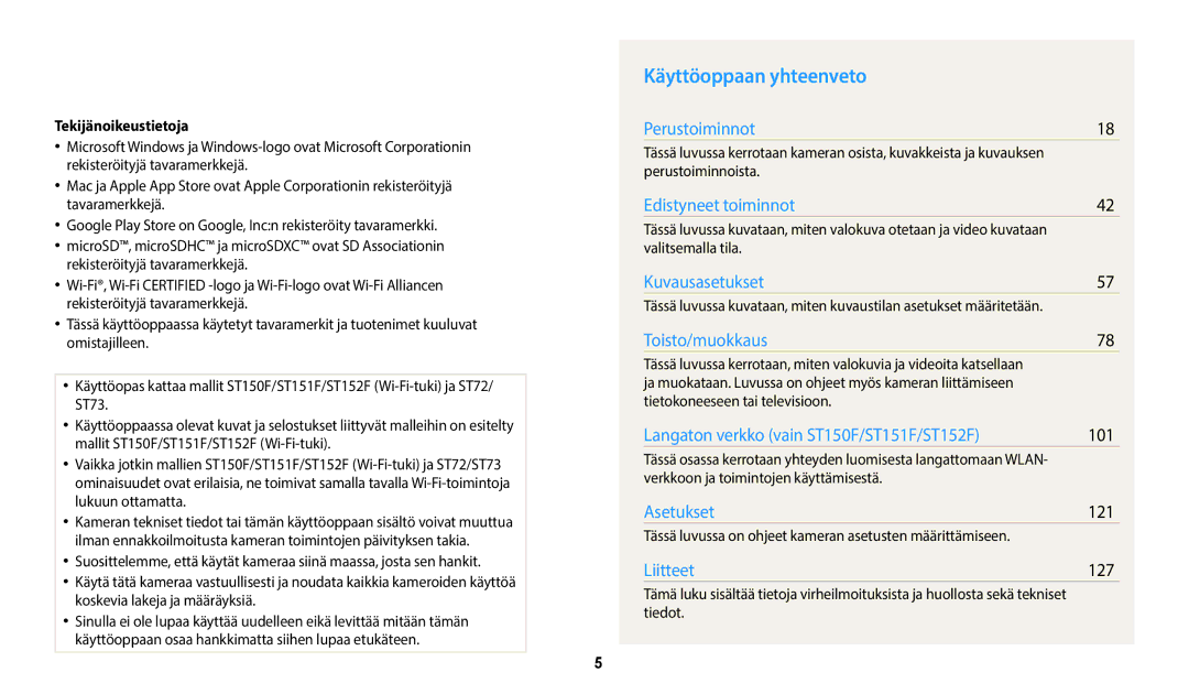 Samsung EC-ST72ZZBPWE2, EC-ST150FBPPE2, EC-ST150FBPWE2 manual Käyttöoppaan yhteenveto, 101, 121, 127, Tekijänoikeustietoja 