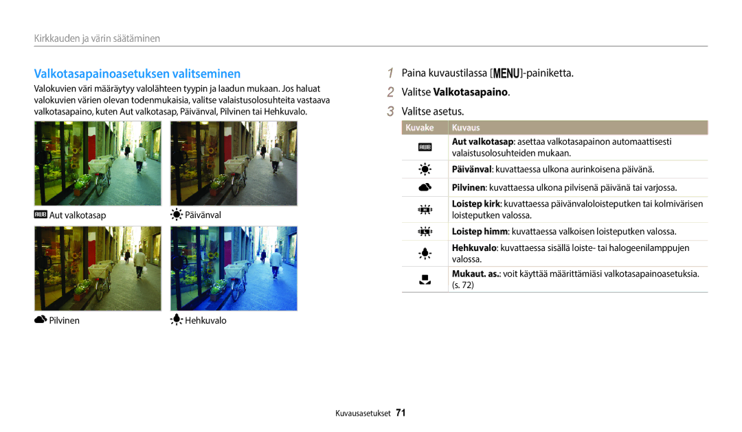 Samsung EC-ST72ZZBPWE2, EC-ST150FBPPE2, EC-ST150FBPWE2 manual Valkotasapainoasetuksen valitseminen, Valitse Valkotasapaino 