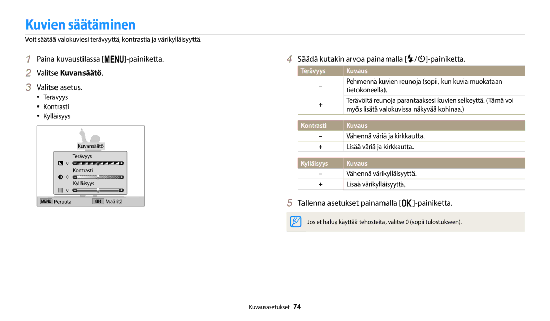 Samsung EC-ST72ZZBPBE2 manual Kuvien säätäminen, Valitse Kuvansäätö, Säädä kutakin arvoa painamalla F/t-painiketta 