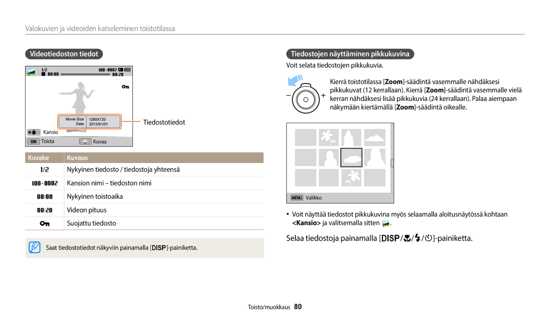 Samsung EC-ST72ZZBPBE2, EC-ST72ZZBPWE2 manual Selaa tiedostoja painamalla D/c/F/t-painiketta, Videotiedoston tiedot 