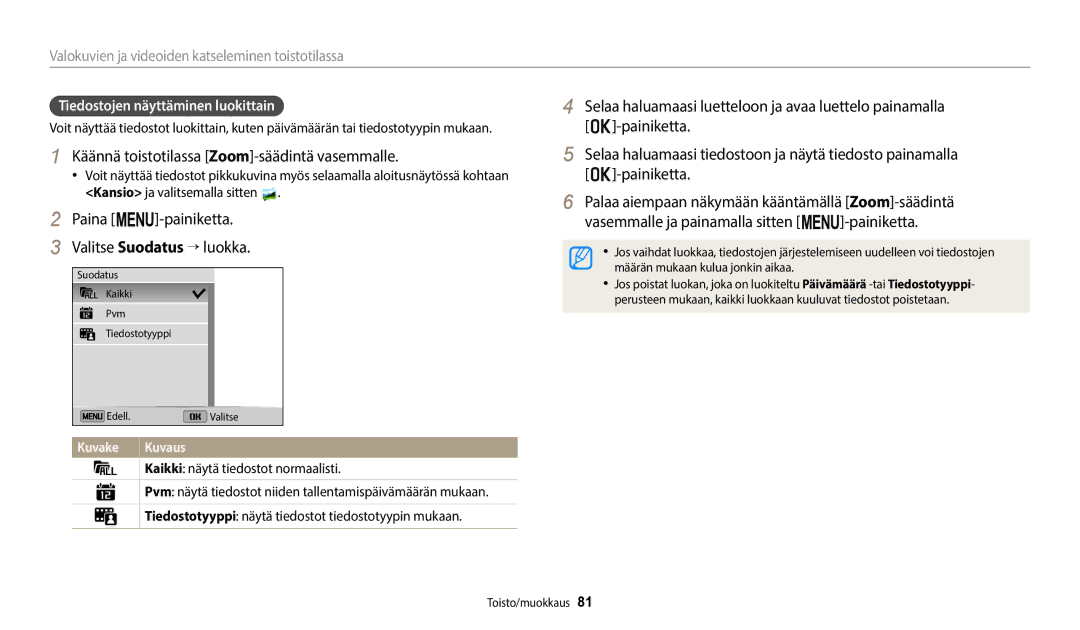 Samsung EC-ST150FBPBE2 manual Käännä toistotilassa Zoom-säädintä vasemmalle, Paina m-painiketta Valitse Suodatus → luokka 