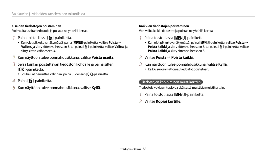 Samsung EC-ST72ZZBPWE2 Paina toistotilassa f-painiketta, Paina toistotilassa m-painiketta, Valitse Poista → Poista kaikki 