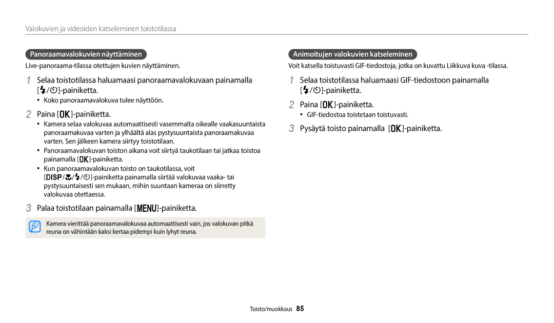 Samsung EC-ST150FBPWE2 Paina o-painiketta, Palaa toistotilaan painamalla m-painiketta, Panoraamavalokuvien näyttäminen 