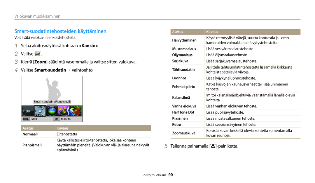 Samsung EC-ST150FBPPE2, EC-ST72ZZBPWE2, EC-ST150FBPWE2, EC-ST72ZZBPBE2 manual Smart-suodatintehosteiden käyttäminen, Normaali 