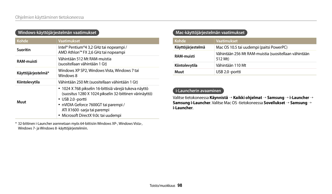 Samsung EC-ST72ZZBPBE2 Windows-käyttöjärjestelmän vaatimukset, Mac-käyttöjärjestelmän vaatimukset, Launcherin avaaminen 