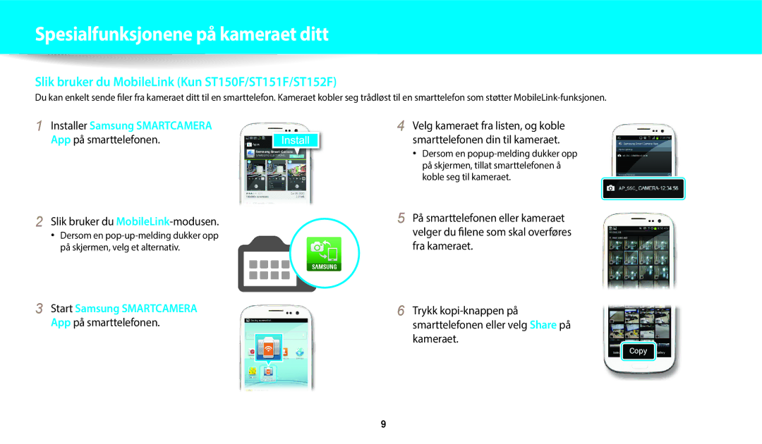 Samsung EC-ST150FBPBE2 manual Slik bruker du MobileLink Kun ST150F/ST151F/ST152F, Slik bruker du MobileLink-modusen 