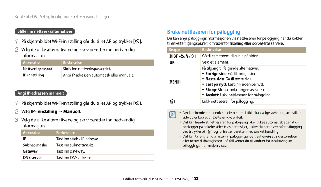 Samsung EC-ST150FBPWE2, EC-ST72ZZBPWE2 manual Bruke nettleseren for pålogging, Informasjon, Velg IP-innstilling → Manuell 