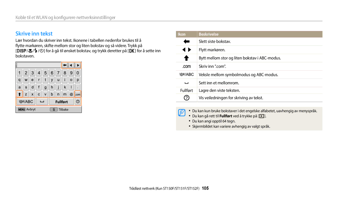 Samsung EC-ST150FBPBE2, EC-ST72ZZBPWE2, EC-ST150FBPPE2, EC-ST150FBPWE2, EC-ST72ZZBPBE2, EC-ST72ZZBPLE2 manual Skrive inn tekst 