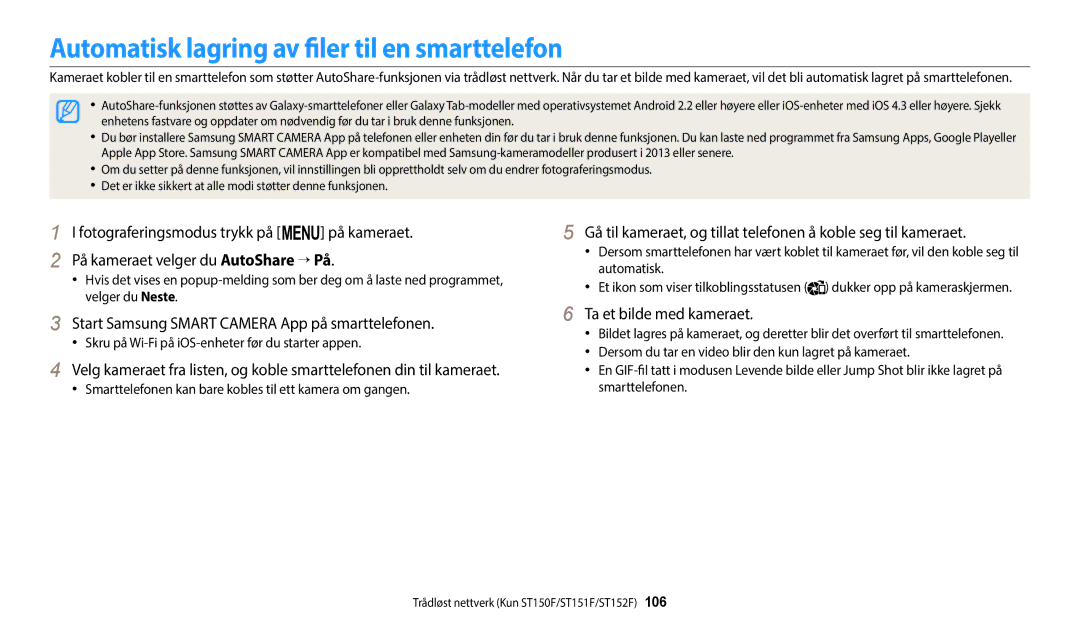 Samsung EC-ST72ZZBPLE2 Automatisk lagring av filer til en smarttelefon, Start Samsung Smart Camera App på smarttelefonen 