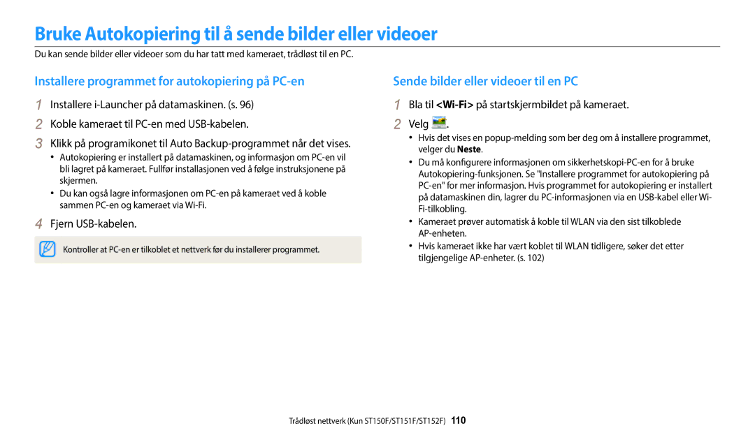 Samsung EC-ST72ZZBPBE2 manual Bruke Autokopiering til å sende bilder eller videoer, Sende bilder eller videoer til en PC 