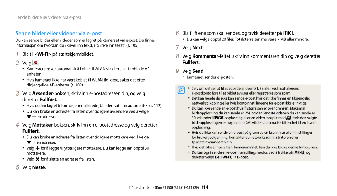 Samsung EC-ST150FBPPE2, EC-ST72ZZBPWE2, EC-ST150FBPWE2 manual Sende bilder eller videoer via e-post, Kameraet sender e-posten 