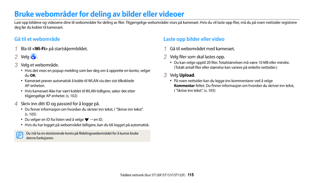 Samsung EC-ST150FBPWE2, EC-ST72ZZBPWE2 manual Bruke webområder for deling av bilder eller videoer, Gå til et webområde 