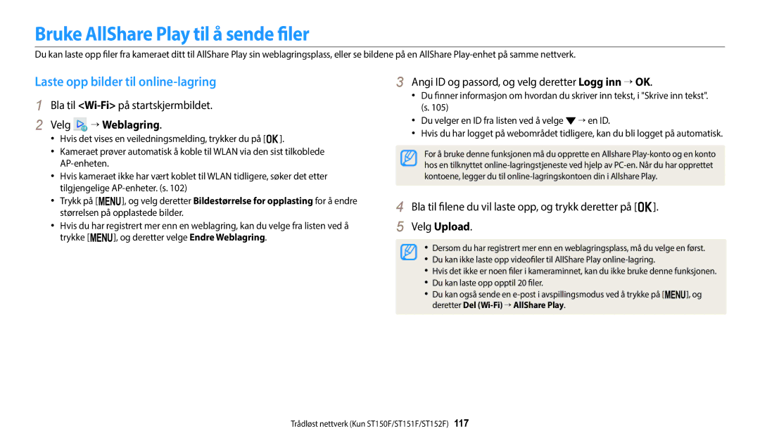 Samsung EC-ST150FBPBE2 manual Bruke AllShare Play til å sende filer, Laste opp bilder til online-lagring, Velg → Weblagring 