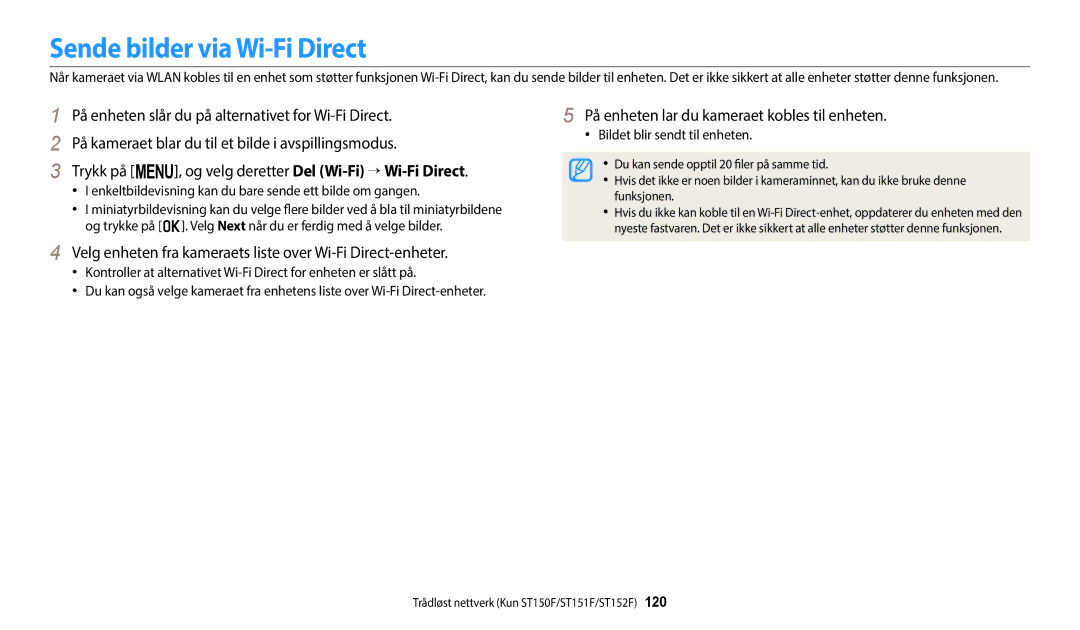 Samsung EC-ST150FBPPE2 manual Sende bilder via Wi-Fi Direct, Velg enheten fra kameraets liste over Wi-Fi Direct-enheter 