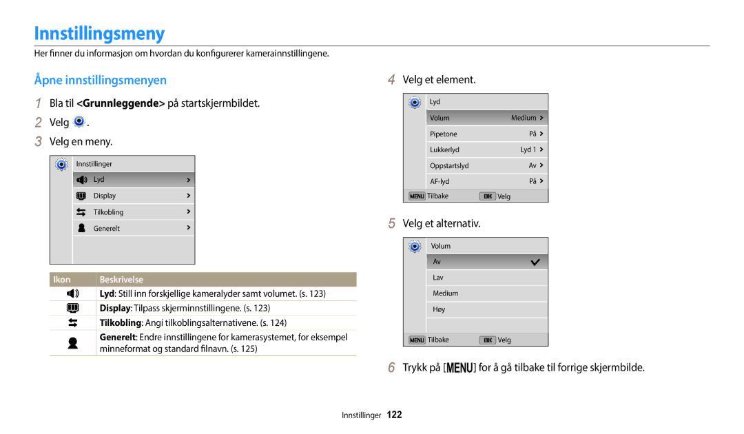 Samsung EC-ST72ZZBPBE2, EC-ST72ZZBPWE2, EC-ST150FBPPE2 manual Innstillingsmeny, Åpne innstillingsmenyen, Velg et element 