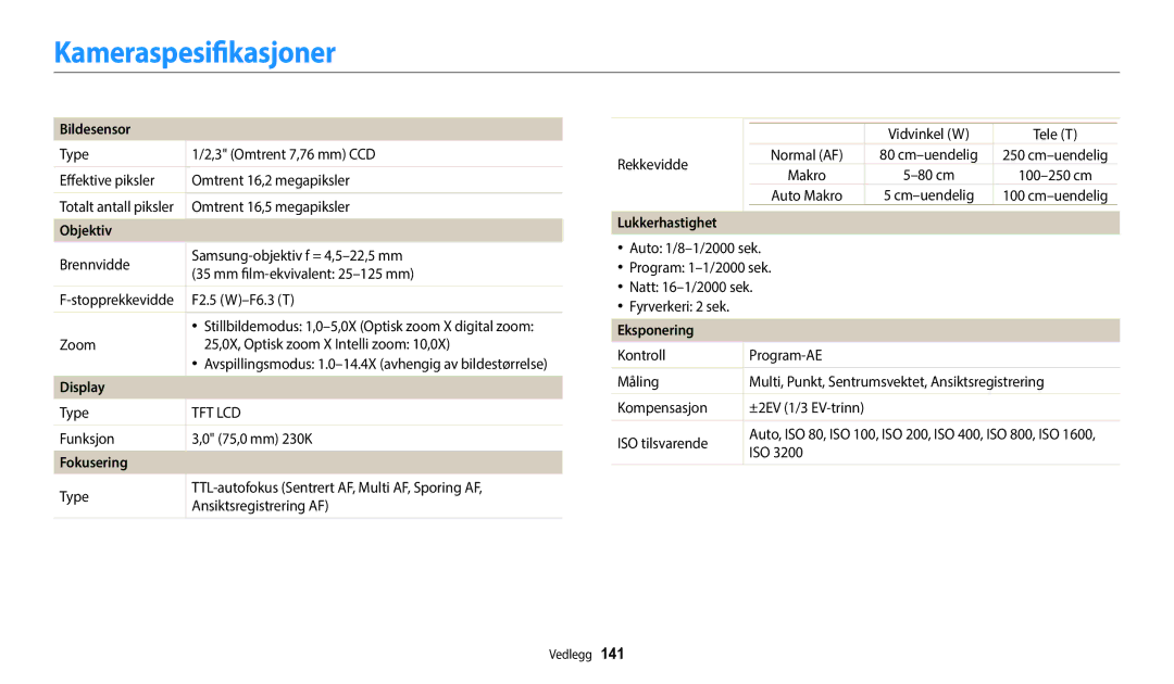 Samsung EC-ST150FBPBE2, EC-ST72ZZBPWE2, EC-ST150FBPPE2, EC-ST150FBPWE2, EC-ST72ZZBPBE2, EC-ST72ZZBPLE2 Kameraspesifikasjoner 