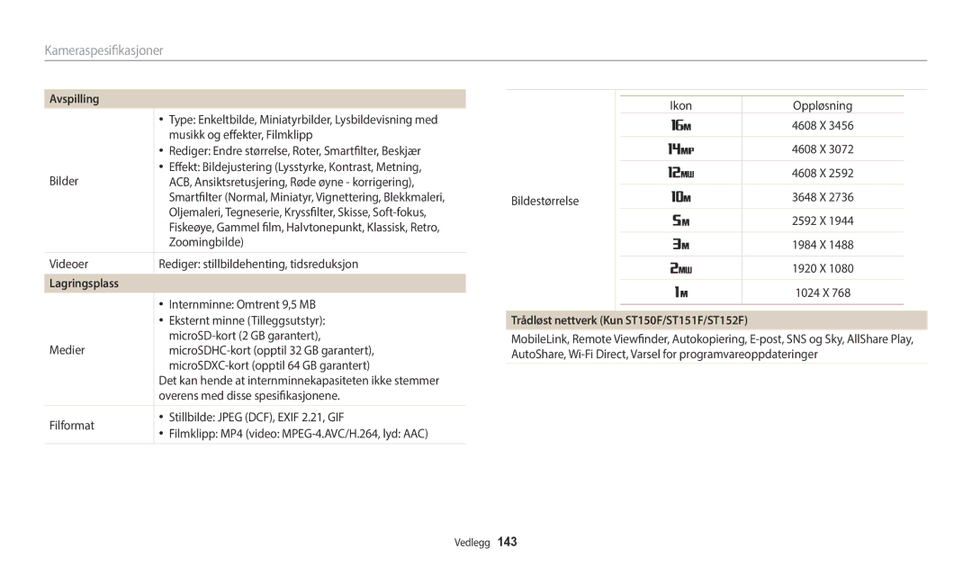 Samsung EC-ST72ZZBPWE2, EC-ST150FBPPE2, EC-ST150FBPWE2 manual Lagringsplass, Trådløst nettverk Kun ST150F/ST151F/ST152F 