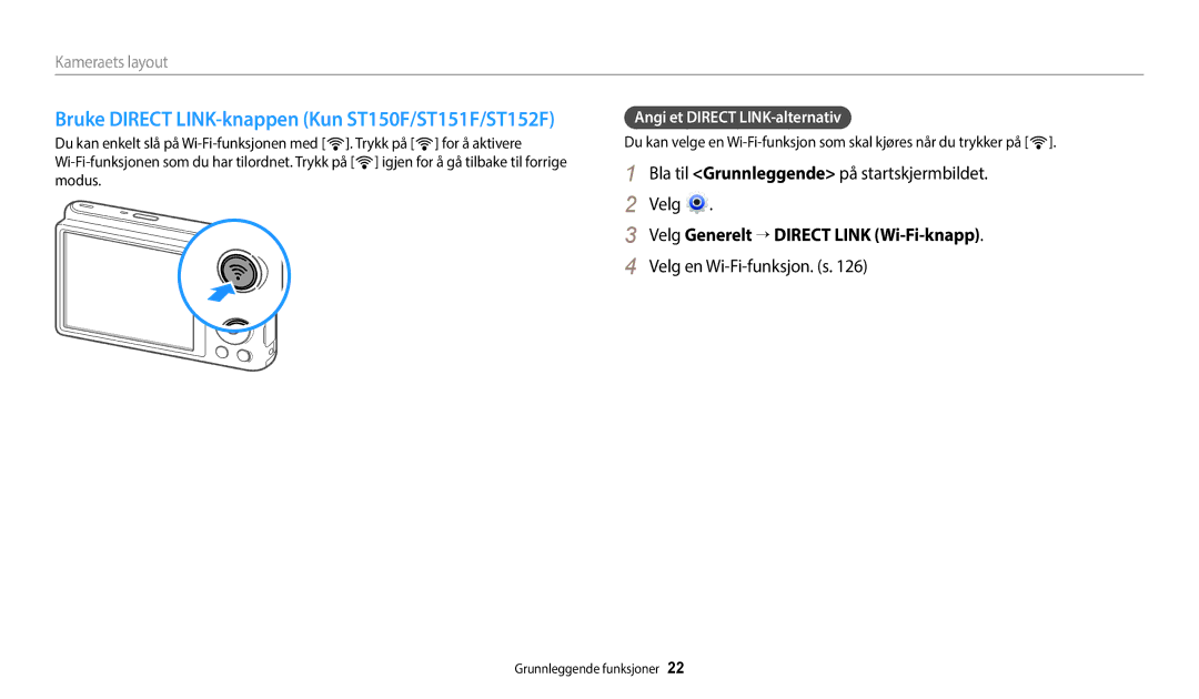 Samsung EC-ST72ZZBPLE2 manual Bla til Grunnleggende på startskjermbildet Velg, Velg Generelt → Direct Link Wi-Fi-knapp 