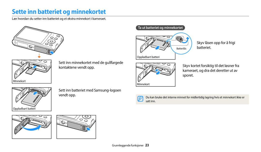 Samsung EC-ST72ZZBPWE2, EC-ST150FBPPE2 manual Sette inn batteriet og minnekortet, Skyv låsen opp for å frigi batteriet 