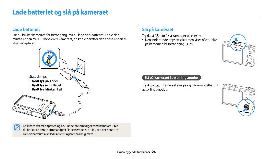 Samsung EC-ST150FBPPE2, EC-ST72ZZBPWE2 manual Lade batteriet og slå på kameraet, Slå på kameraet i avspillingsmodus 