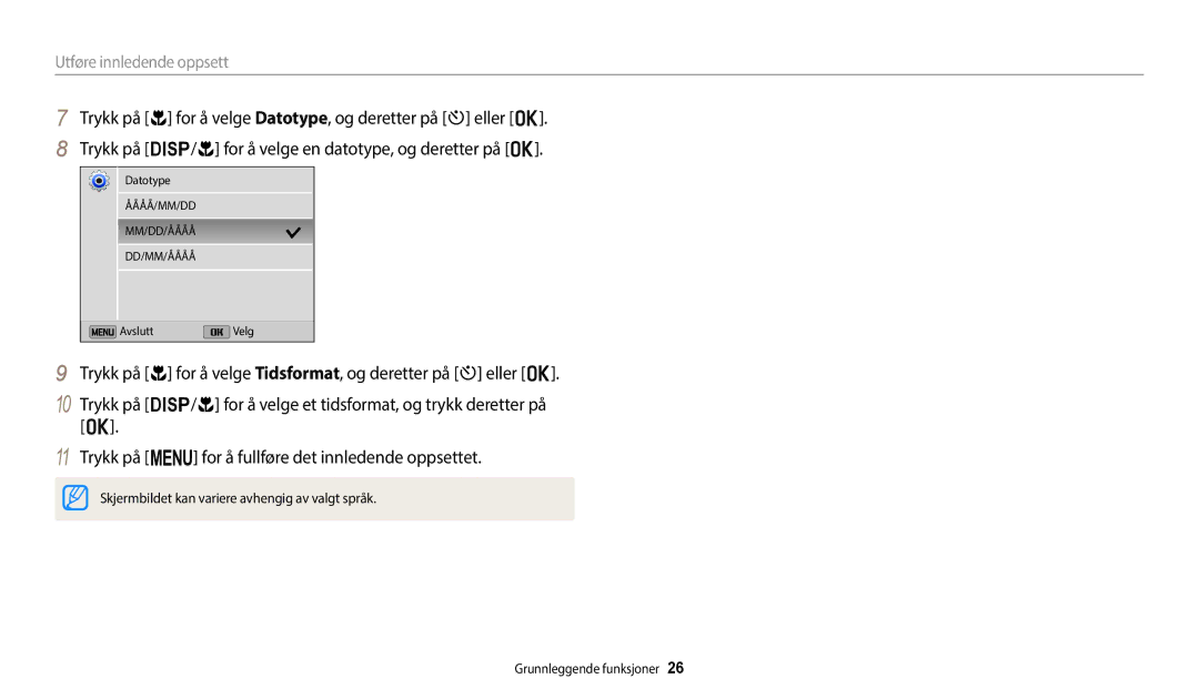 Samsung EC-ST72ZZBPBE2, EC-ST72ZZBPWE2, EC-ST150FBPPE2, EC-ST150FBPWE2, EC-ST150FBPBE2 manual Utføre innledende oppsett 