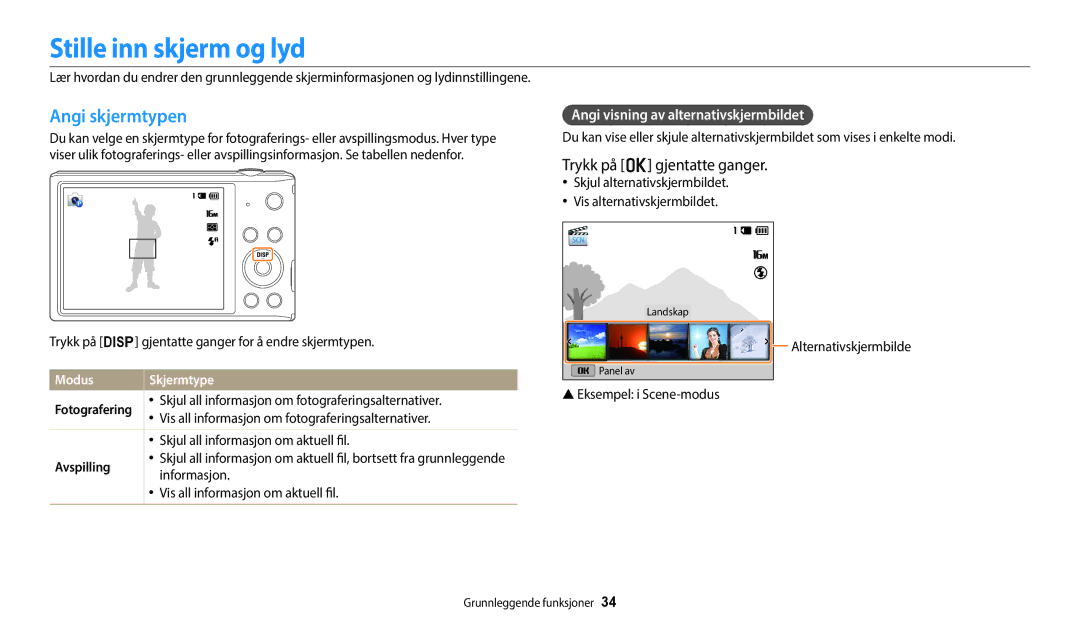 Samsung EC-ST72ZZBPLE2 manual Stille inn skjerm og lyd, Angi skjermtypen, Trykk på o gjentatte ganger, Modus Skjermtype 