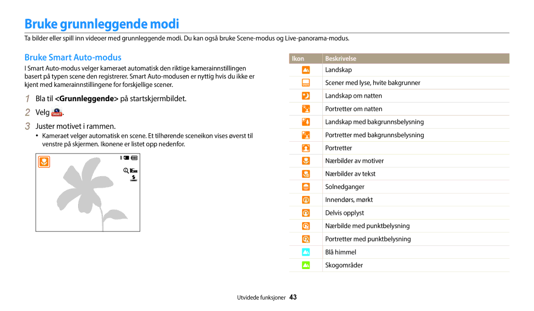 Samsung EC-ST150FBPWE2, EC-ST72ZZBPWE2, EC-ST150FBPPE2, EC-ST72ZZBPBE2 manual Bruke grunnleggende modi, Bruke Smart Auto-modus 