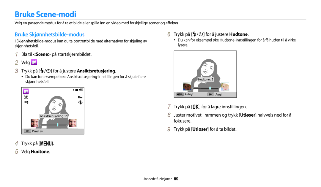 Samsung EC-ST72ZZBPBE2 Bruke Scene-modi, Bruke Skjønnhetsbilde-modus, Velg Hudtone, Trykk på F/t for å justere Hudtone 