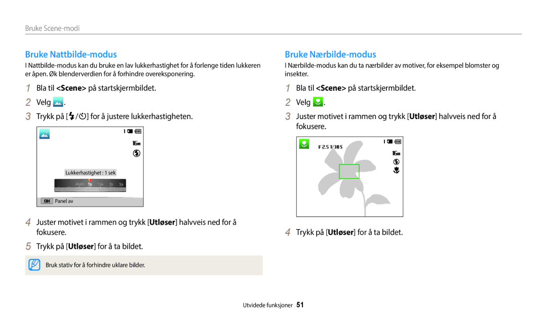 Samsung EC-ST150FBPBE2, EC-ST72ZZBPWE2, EC-ST150FBPPE2, EC-ST150FBPWE2 manual Bruke Nattbilde-modus, Bruke Nærbilde-modus 