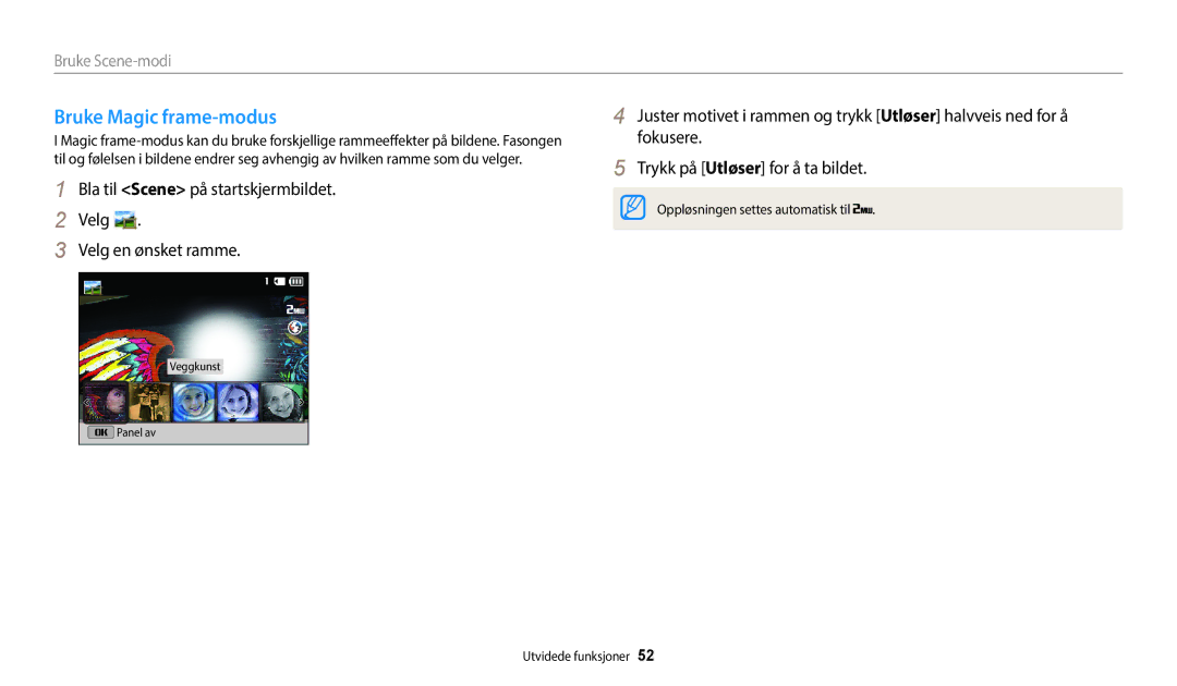 Samsung EC-ST72ZZBPLE2 manual Bruke Magic frame-modus, Bla til Scene på startskjermbildet Velg Velg en ønsket ramme 
