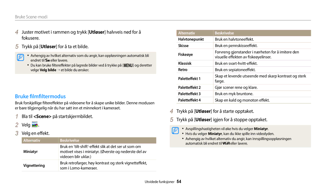 Samsung EC-ST150FBPPE2, EC-ST72ZZBPWE2, EC-ST150FBPWE2, EC-ST72ZZBPBE2 manual Bruke filmfiltermodus, Skisse, Paletteffekt 