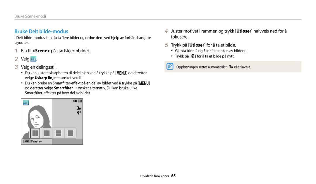 Samsung EC-ST150FBPWE2, EC-ST72ZZBPWE2 Bruke Delt bilde-modus, Bla til Scene på startskjermbildet Velg Velg en delingsstil 