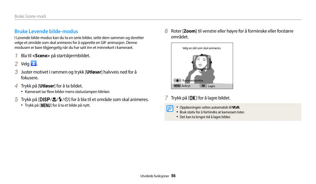 Samsung EC-ST72ZZBPBE2 manual Bruke Levende bilde-modus, Trykk på D/c/F/t for å bla til et område som skal animeres 