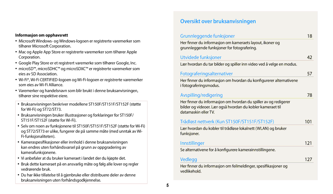 Samsung EC-ST72ZZBPWE2, EC-ST150FBPPE2 manual Oversikt over bruksanvisningen, 101, 121, 127, Informasjon om opphavsrett 