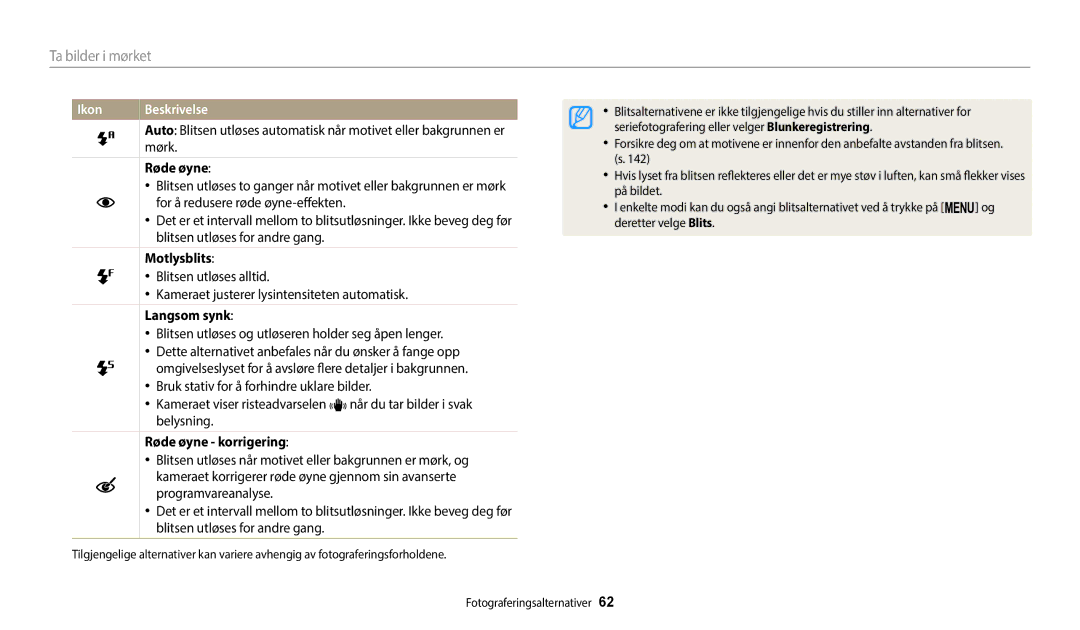 Samsung EC-ST72ZZBPBE2, EC-ST72ZZBPWE2, EC-ST150FBPPE2 manual Mørk, Motlysblits, Langsom synk, Røde øyne korrigering 