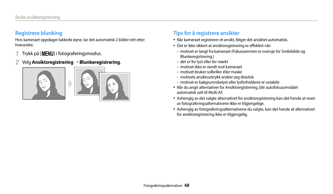 Samsung EC-ST72ZZBPBE2 Registrere blunking, Tips for å registrere ansikter, Velg Ansiktsregistrering → Blunkeregistrering 