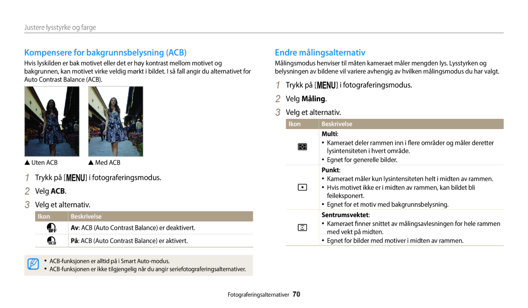 Samsung EC-ST72ZZBPLE2 manual Kompensere for bakgrunnsbelysning ACB, Endre målingsalternativ, Multi, Punkt, Sentrumsvektet 