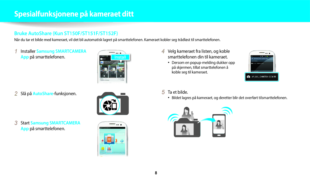 Samsung EC-ST72ZZBPBE2, EC-ST72ZZBPWE2, EC-ST150FBPPE2 manual App på smarttelefonen Slå på AutoShare-funksjonen, Ta et bilde 