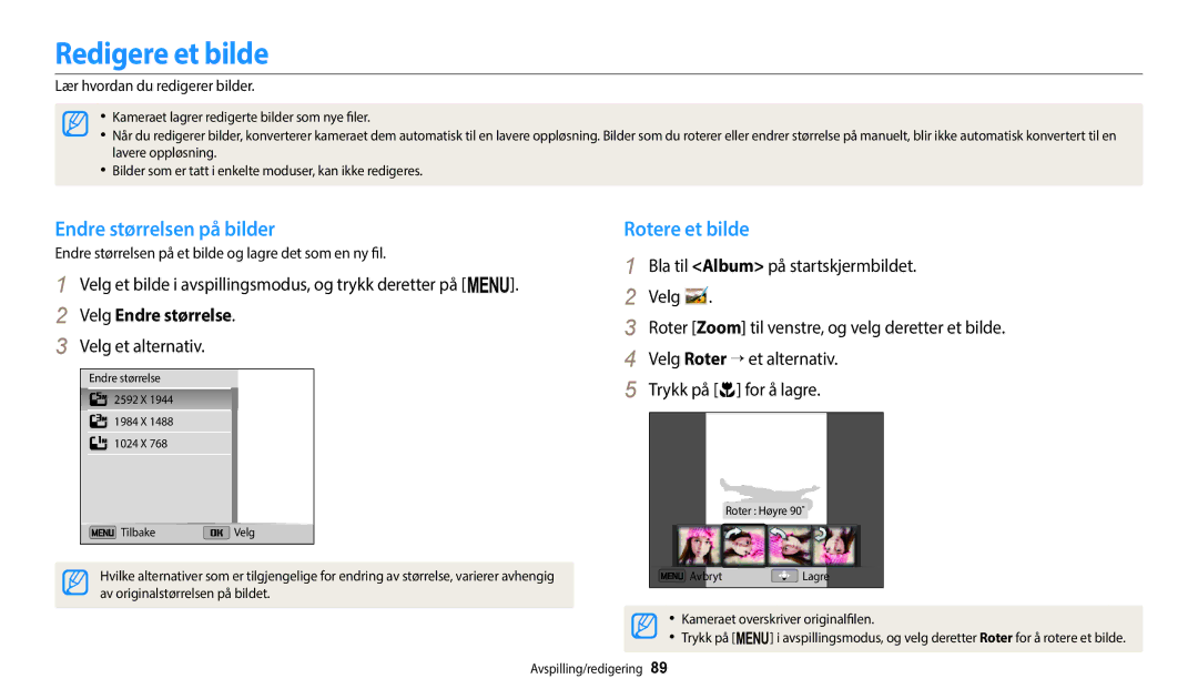 Samsung EC-ST72ZZBPWE2 manual Redigere et bilde, Endre størrelsen på bilder, Rotere et bilde, Velg Endre størrelse 