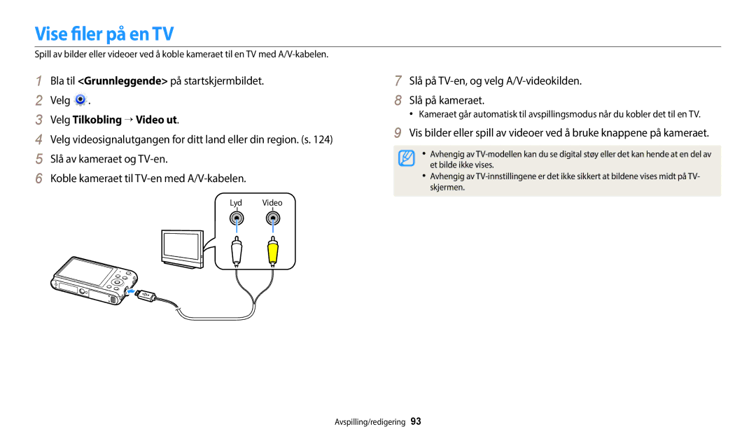 Samsung EC-ST150FBPBE2, EC-ST72ZZBPWE2, EC-ST150FBPPE2, EC-ST150FBPWE2 manual Vise filer på en TV, Velg Tilkobling → Video ut 