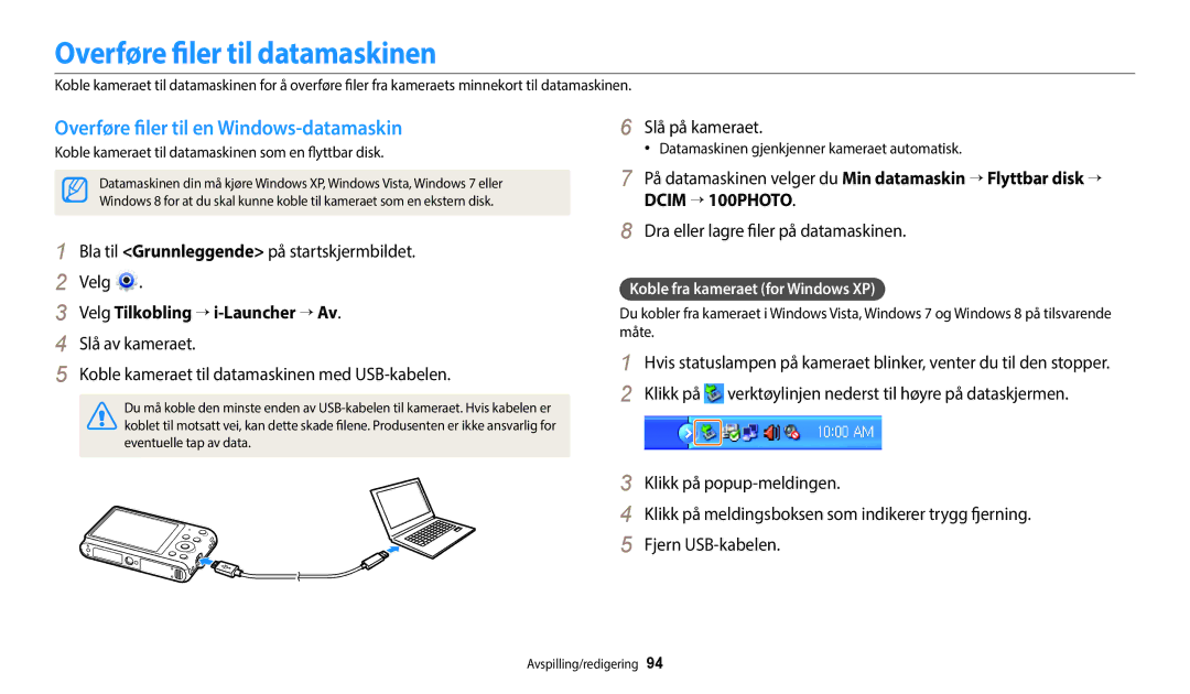 Samsung EC-ST72ZZBPLE2, EC-ST72ZZBPWE2 manual Overføre filer til datamaskinen, Overføre filer til en Windows-datamaskin 