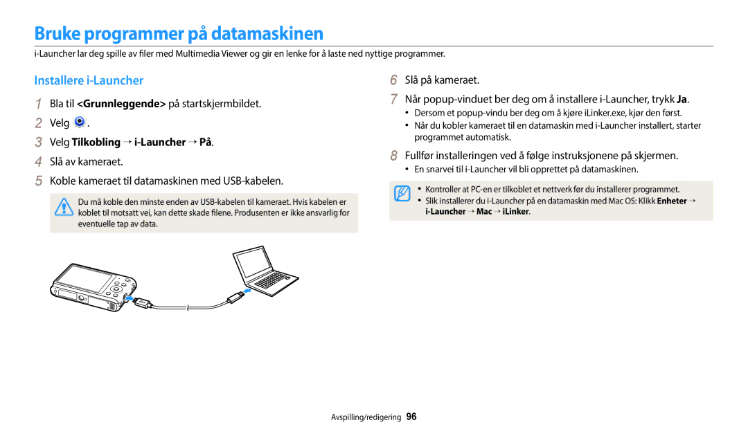 Samsung EC-ST150FBPPE2 manual Bruke programmer på datamaskinen, Installere i-Launcher, Velg Tilkobling → i-Launcher → På 